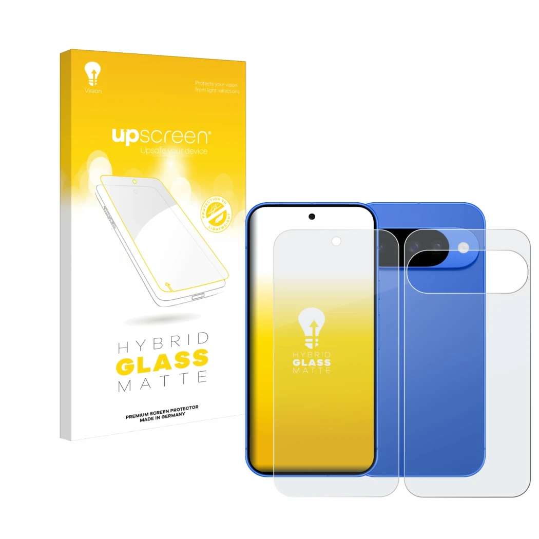 Front side of a product packaging with the brand logo upscreen. Next to it is the device Google Pixel 10 (Front+Back) shown wi