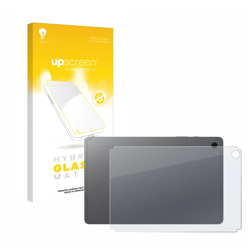 Front side of a product packaging with the brand logo upscreen. Next to it is the device Samsung Galaxy Tab S10 Lite (Back) sh