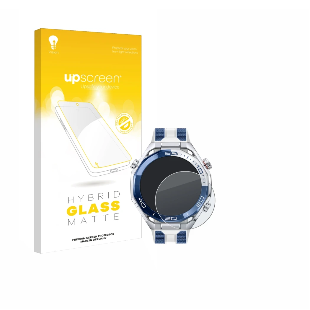 Front side of a product packaging with the brand logo upscreen. Next to it is the device Huawei Watch Ultimate 2 Blue shown wi