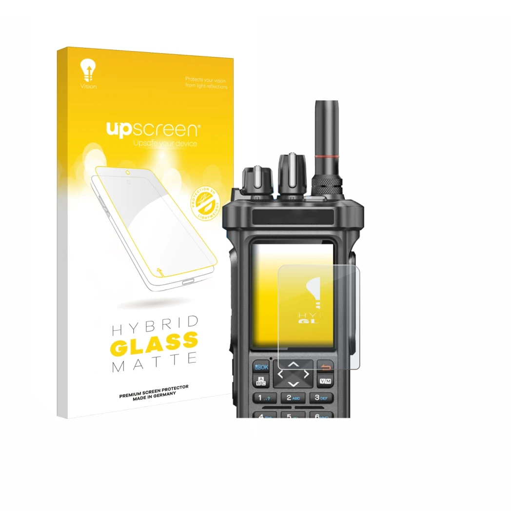 Front side of a product packaging with the brand logo upscreen. Next to it is the device Radtel RT-950 Pro shown with the corr