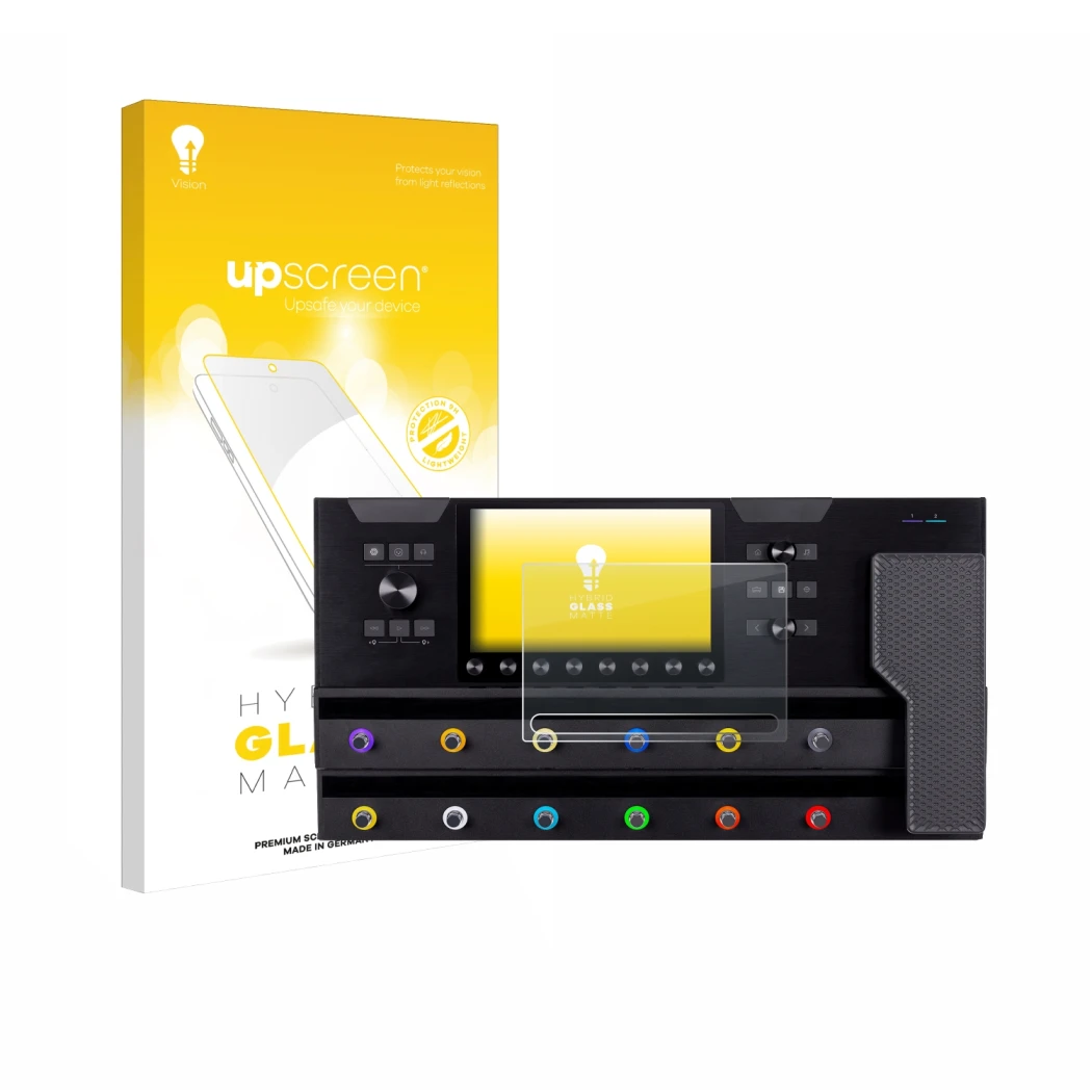 Front side of a product packaging with the brand logo upscreen. Next to it is the device Line 6 Helix Stadium XL shown with th