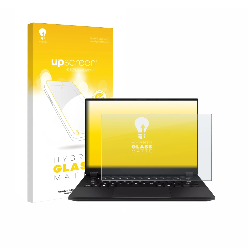 Front side of a product packaging with the brand logo upscreen. Next to it is the device ASUS TUF Gaming A14 shown with the co