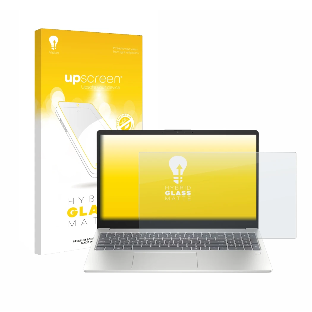 Front side of a product packaging with the brand logo upscreen. Next to it is the device HP Laptop 15-fd0710ng shown with the 