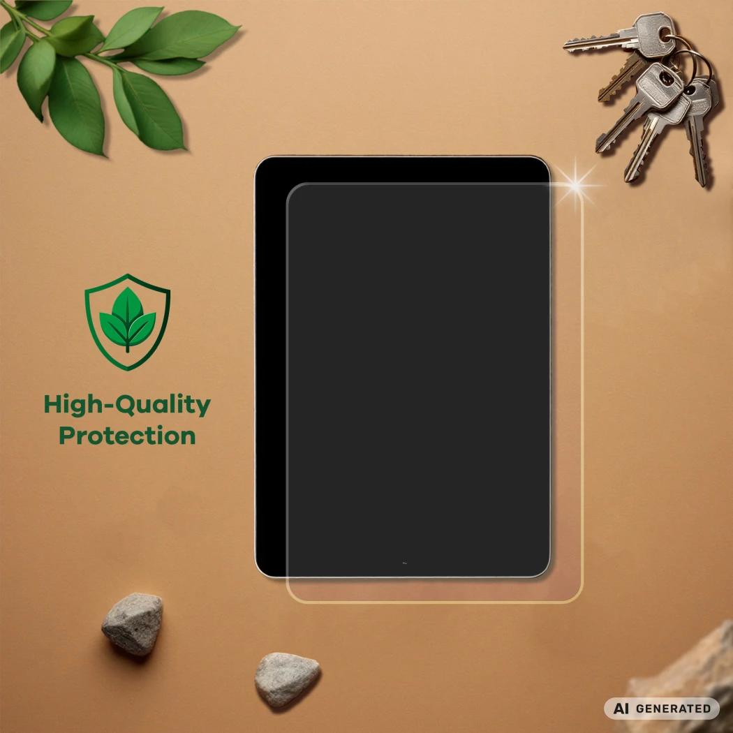 Device with protective film, next to it keys, stones, leaves, and the text 