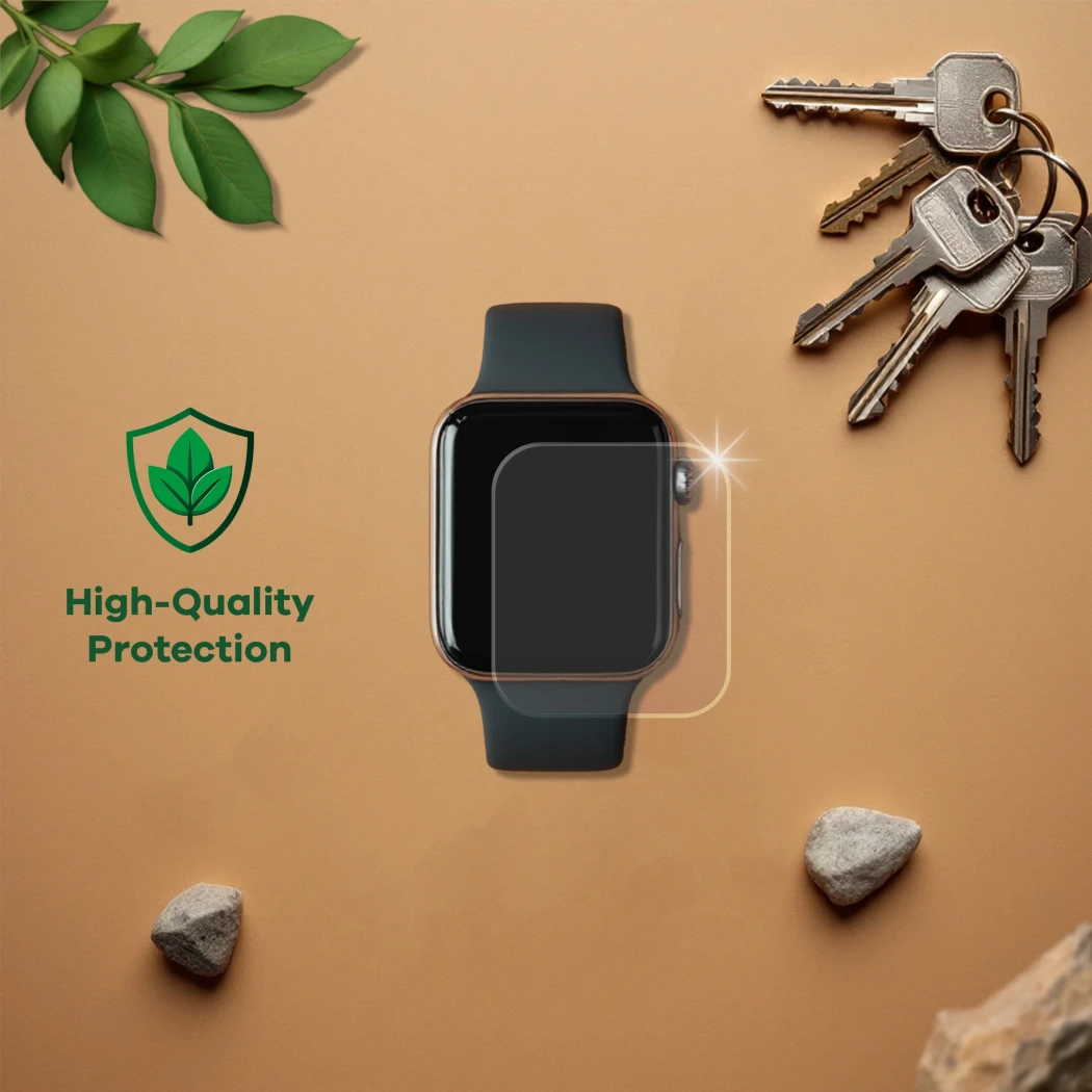 Device with protective film, next to it keys, stones, leaves, and the text 