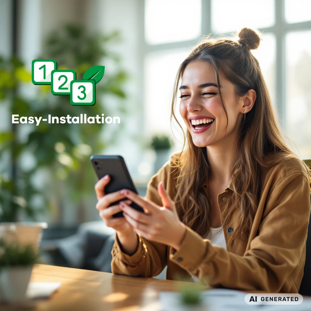Young woman laughing with smartphone in hand; next to her 