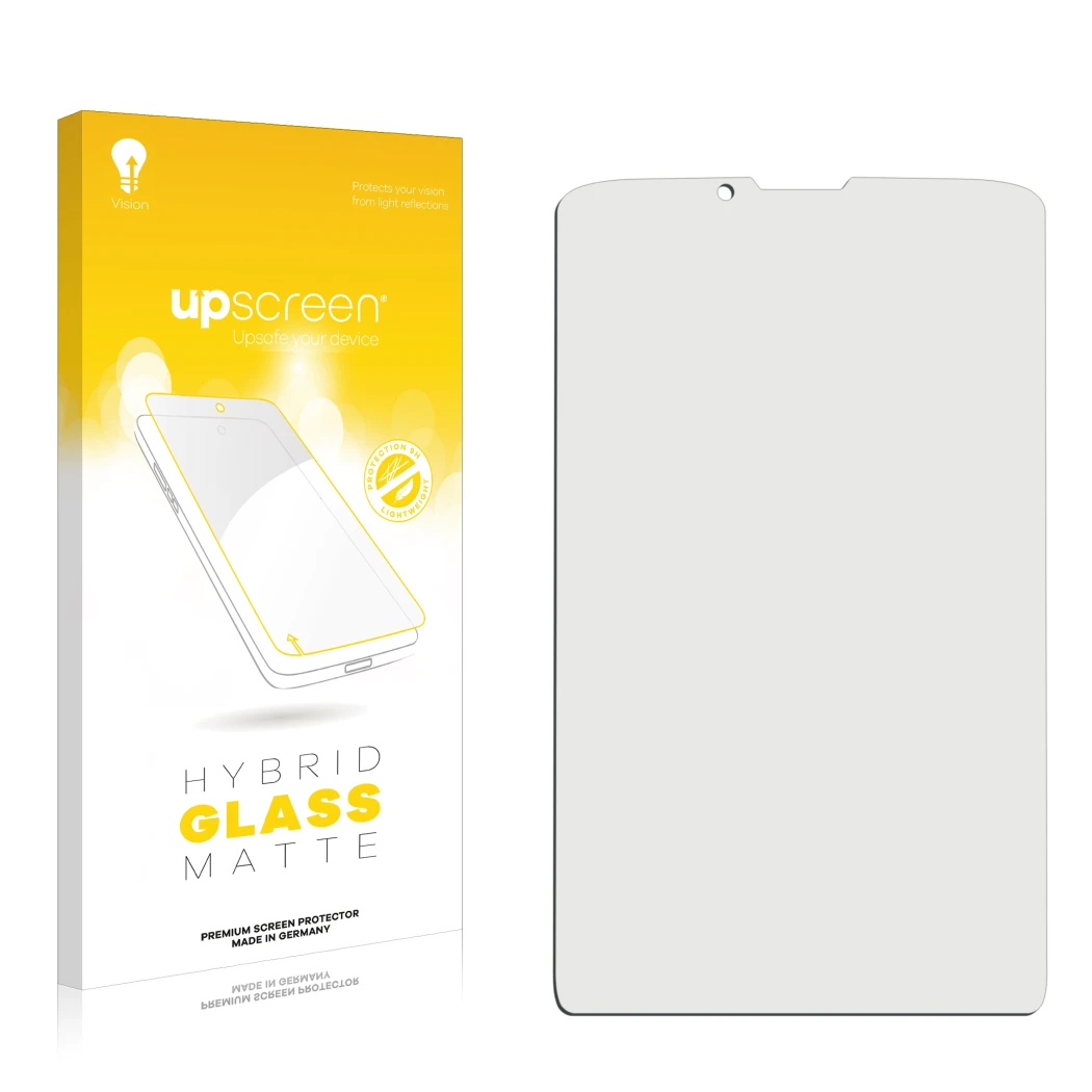Front side of a product packaging with the brand logo upscreen. Next to it is the corresponding screen protector.