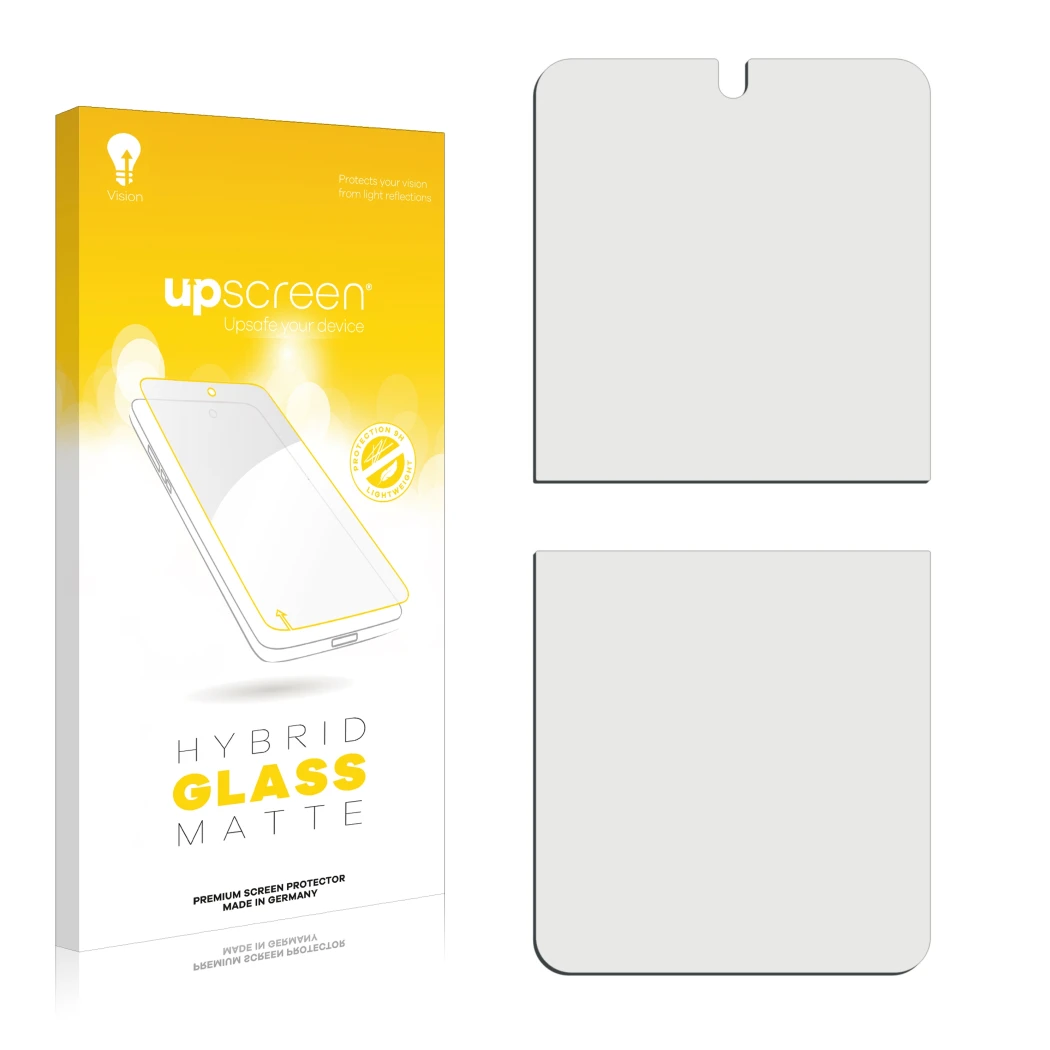 Front side of a product packaging with the brand logo upscreen. Next to it is the corresponding screen protector.