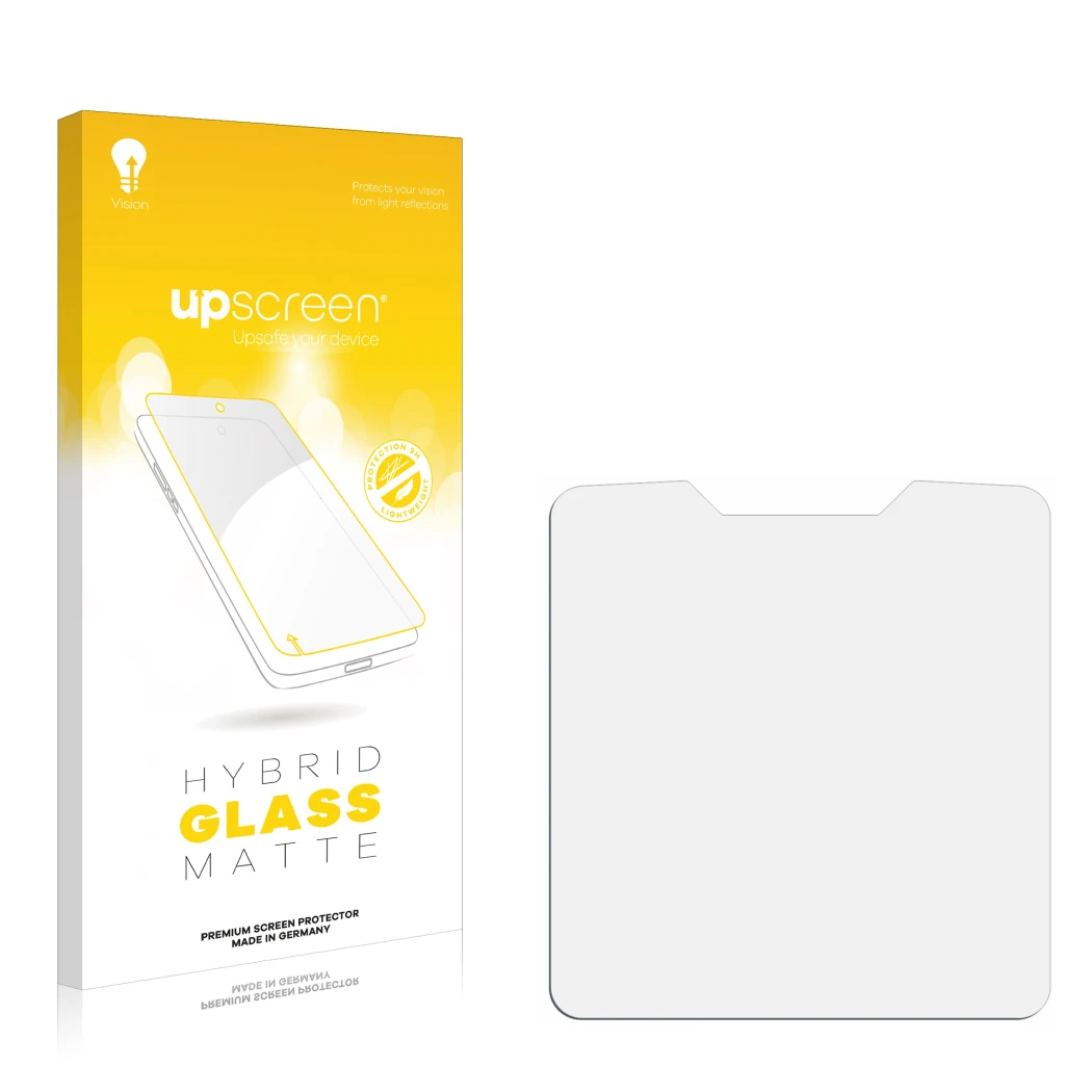 Front side of a product packaging with the brand logo upscreen. Next to it is the corresponding screen protector.