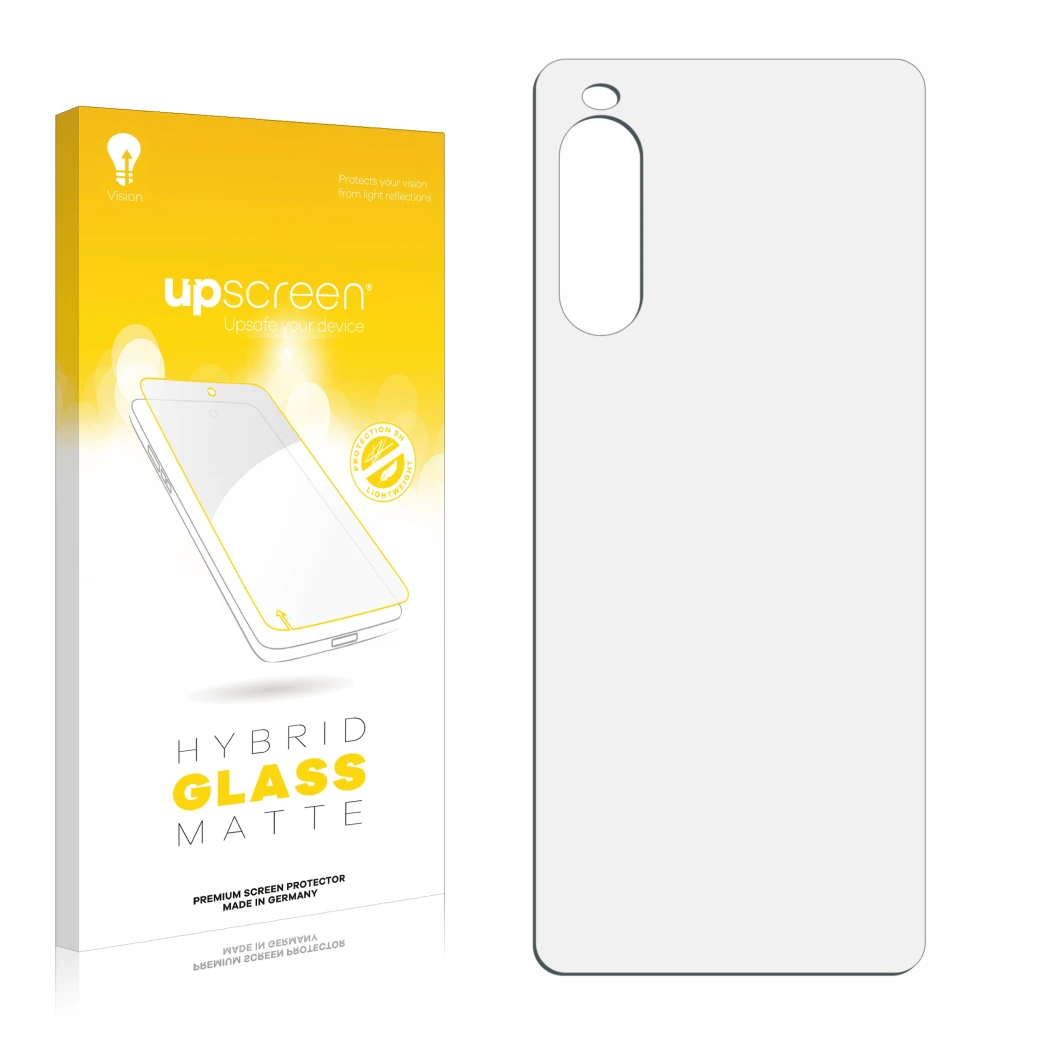 Front side of a product packaging with the brand logo upscreen. Next to it is the corresponding screen protector.