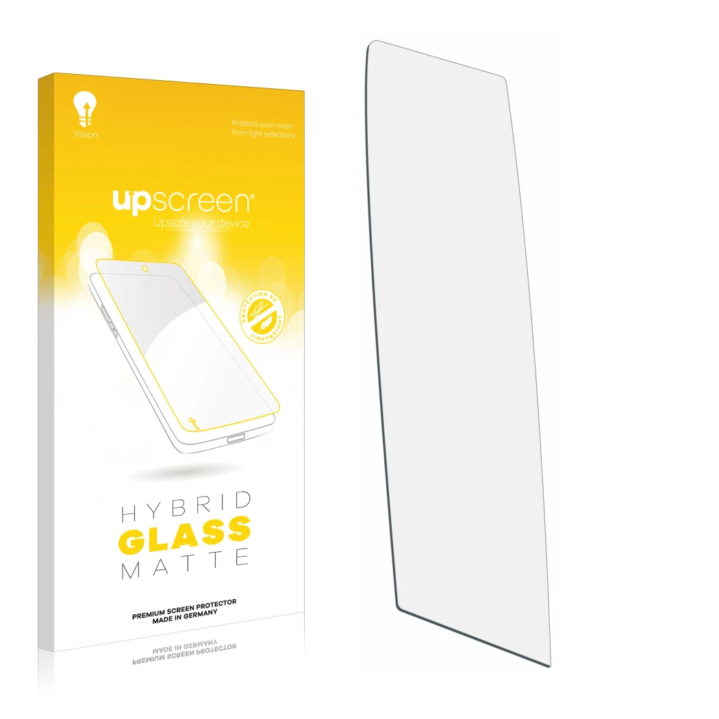 Front side of a product packaging with the brand logo upscreen. Next to it is the corresponding screen protector.