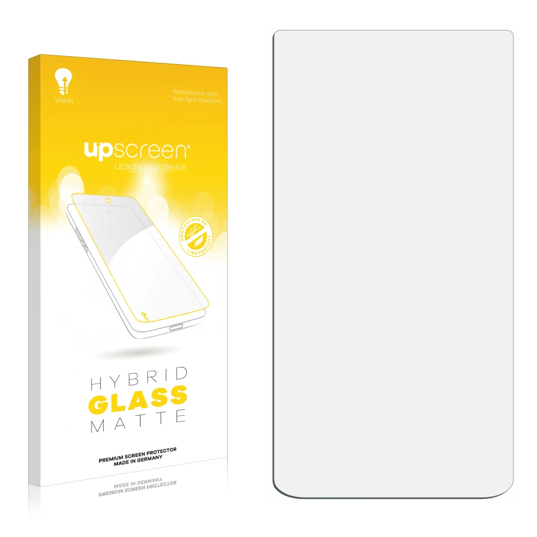 Front side of a product packaging with the brand logo upscreen. Next to it is the corresponding screen protector.