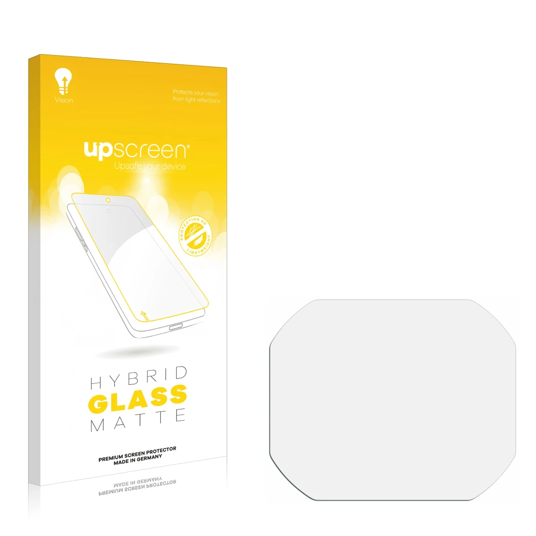 Front side of a product packaging with the brand logo upscreen. Next to it is the corresponding screen protector.