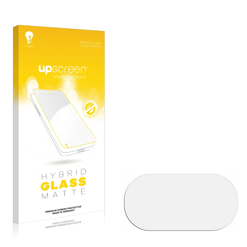 Front side of a product packaging with the brand logo upscreen. Next to it is the corresponding screen protector.
