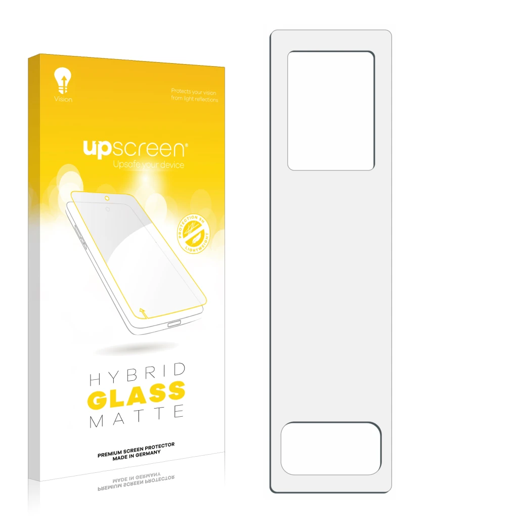Front side of a product packaging with the brand logo upscreen. Next to it is the corresponding screen protector.