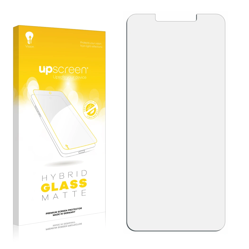 Front side of a product packaging with the brand logo upscreen. Next to it is the corresponding screen protector.
