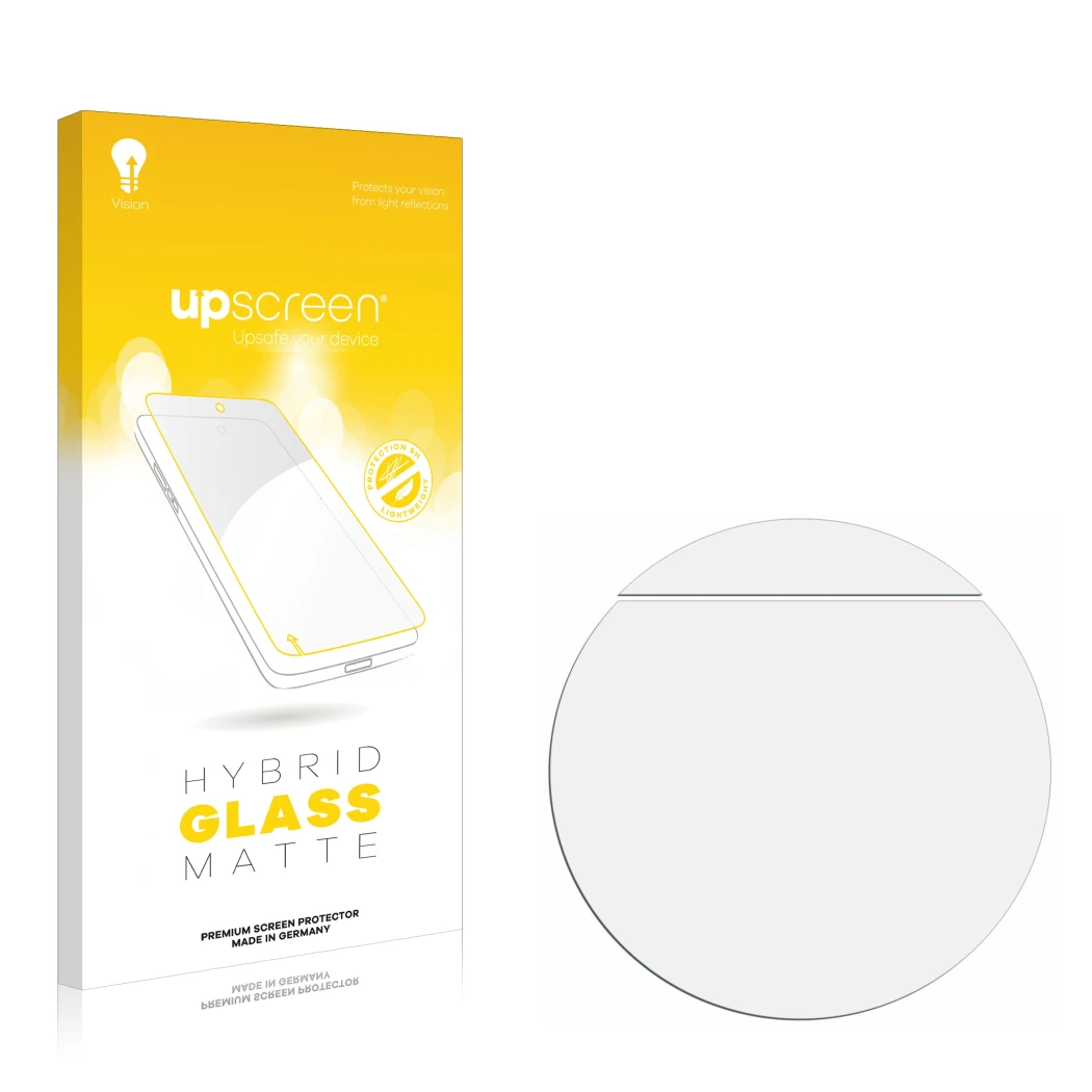 Front side of a product packaging with the brand logo upscreen. Next to it is the corresponding screen protector.
