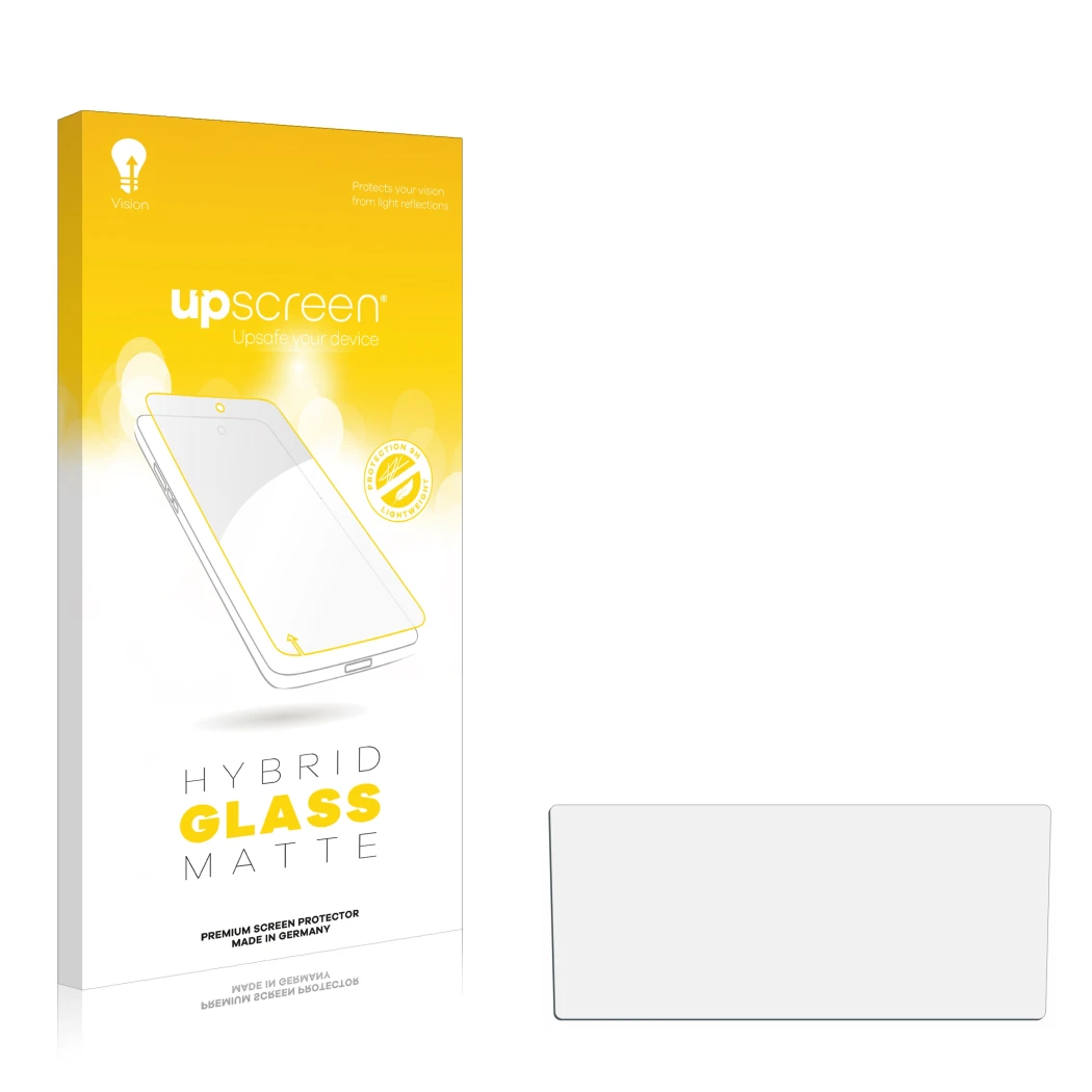 Front side of a product packaging with the brand logo upscreen. Next to it is the corresponding screen protector.