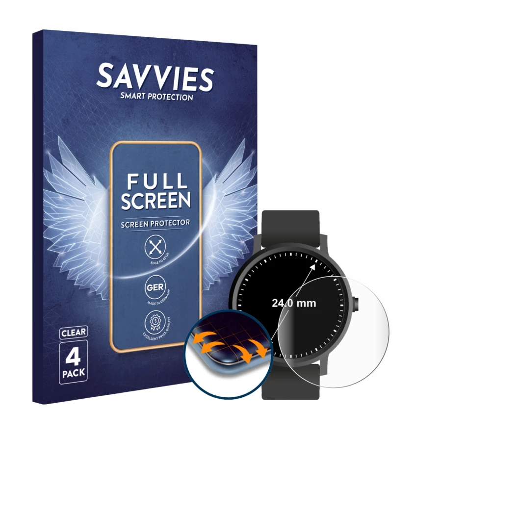 Front side of a product packaging with the brand logo Savvies. Next to it is the device Watches (Circular, ø: 24 mm) shown wit