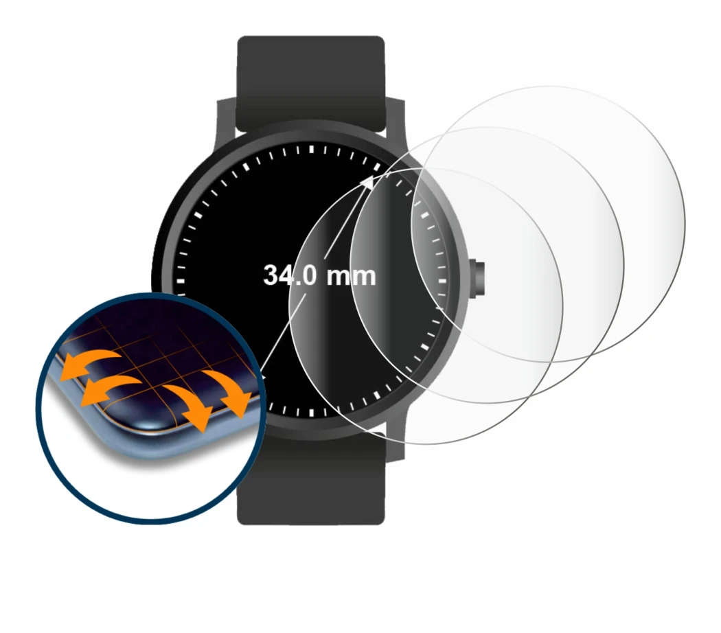 Image of the device Watches (Circular, ø: 34 mm) with a wide variety of screen protectors.