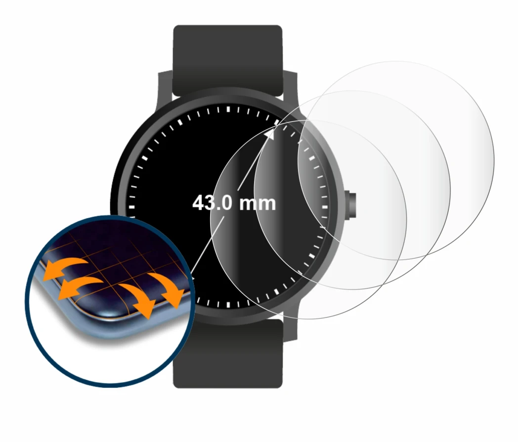Image of the device Watches (Circular, ø: 43 mm) with a wide variety of screen protectors.