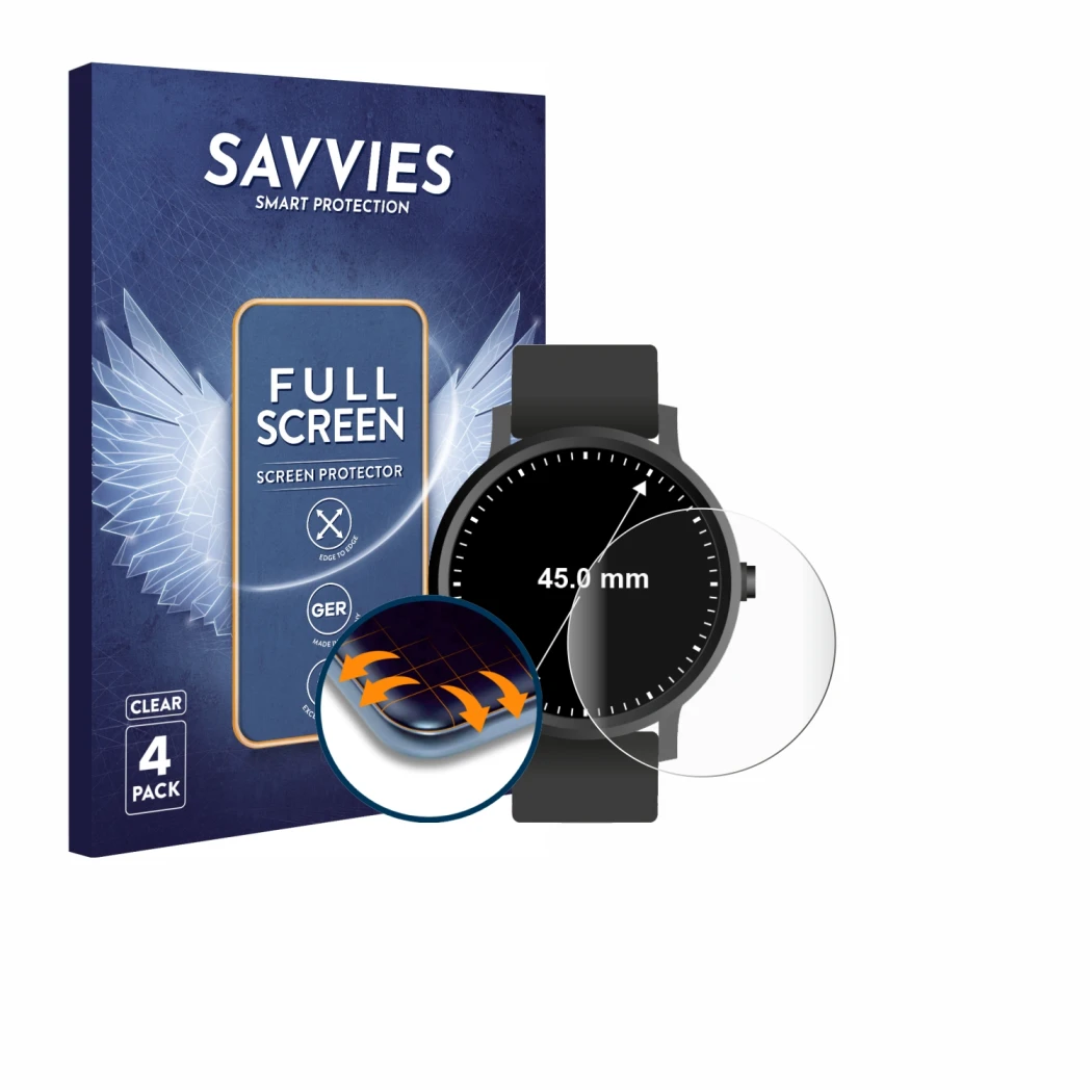 Front side of a product packaging with the brand logo Savvies. Next to it is the device Watches (Circular, ø: 45 mm) shown wit