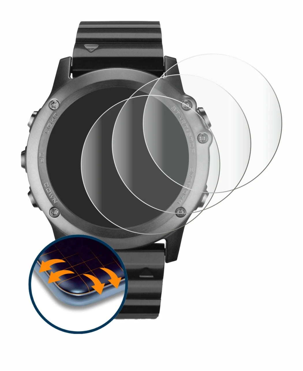 Image of the device Garmin Fenix 3 with a wide variety of screen protectors.