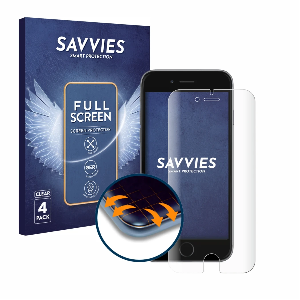Front side of a product packaging with the brand logo Savvies. Next to it is the device Apple iPhone 6S shown with the corresp
