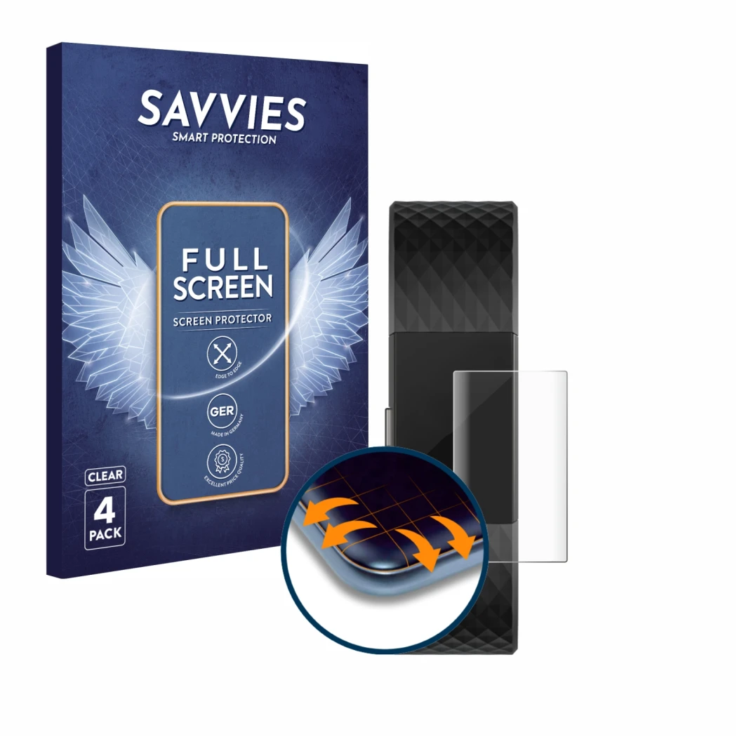 Front side of a product packaging with the brand logo Savvies. Next to it is the device Fitbit Charge 2 shown with the corresp