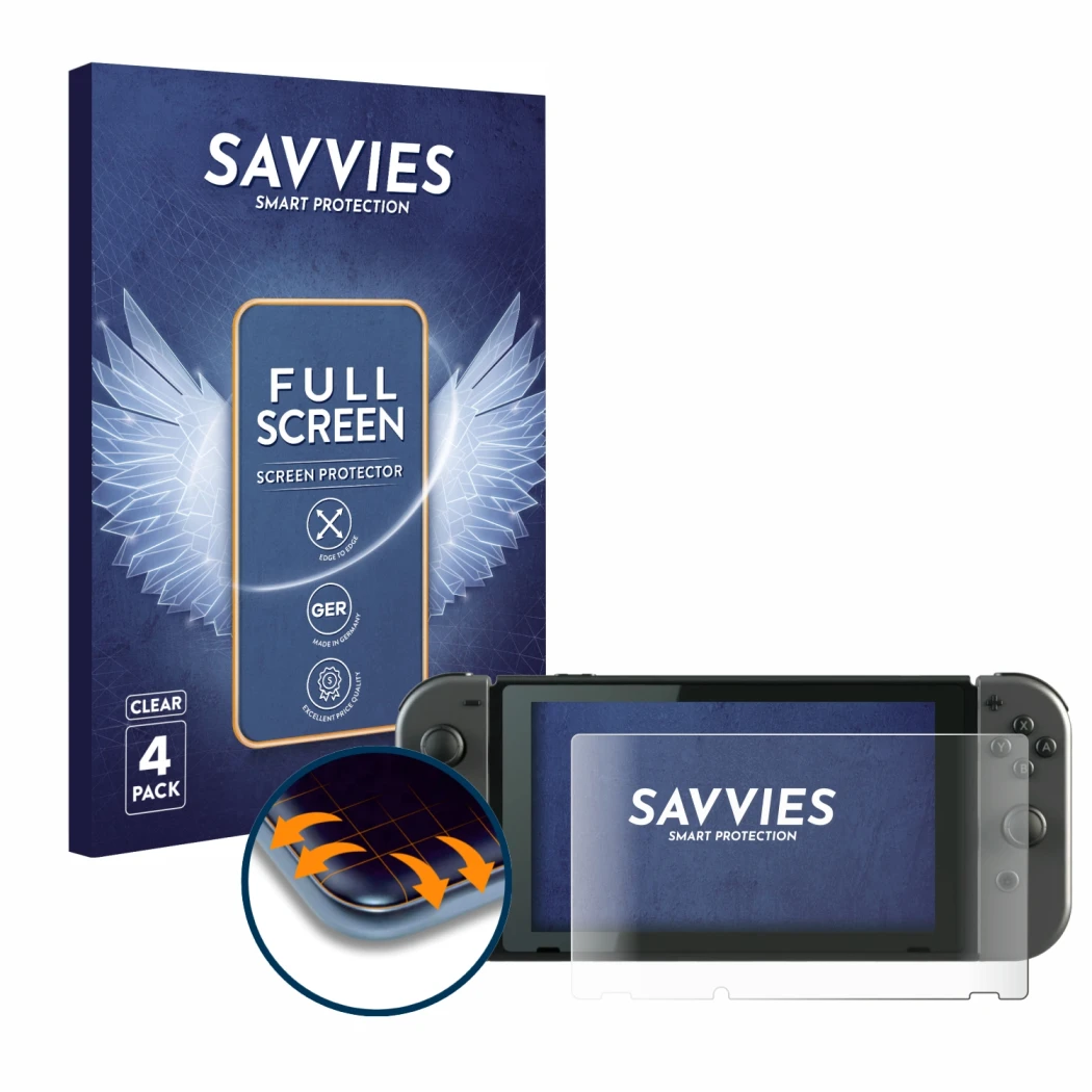 Front side of a product packaging with the brand logo Savvies. Next to it is the device Nintendo Switch shown with the corresp