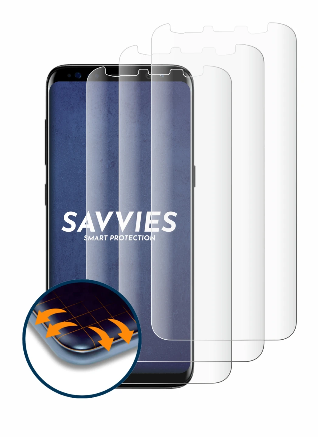 Image of the device Samsung Galaxy S8 with a wide variety of screen protectors.