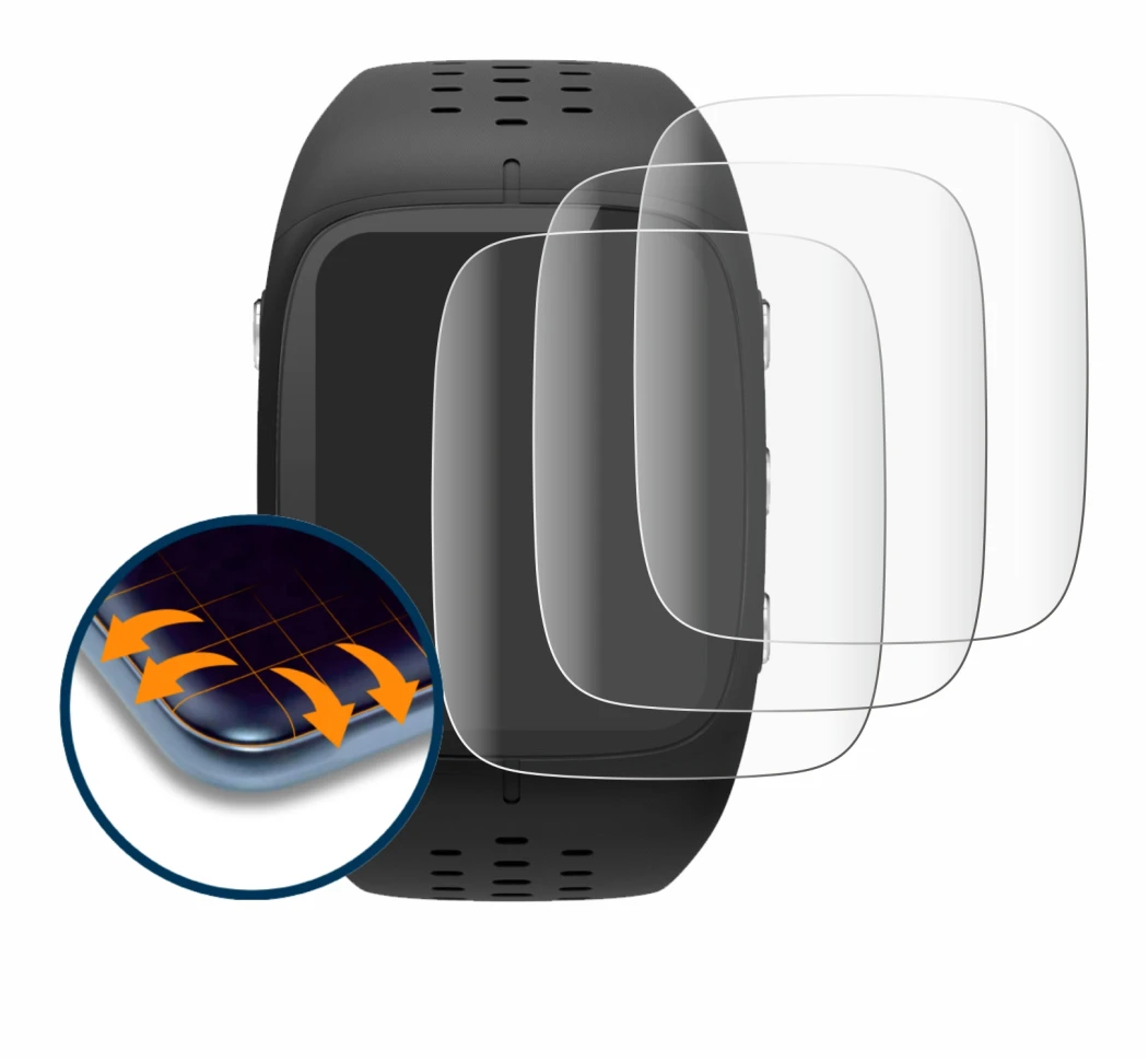 Image of the device Polar M430 with a wide variety of screen protectors.