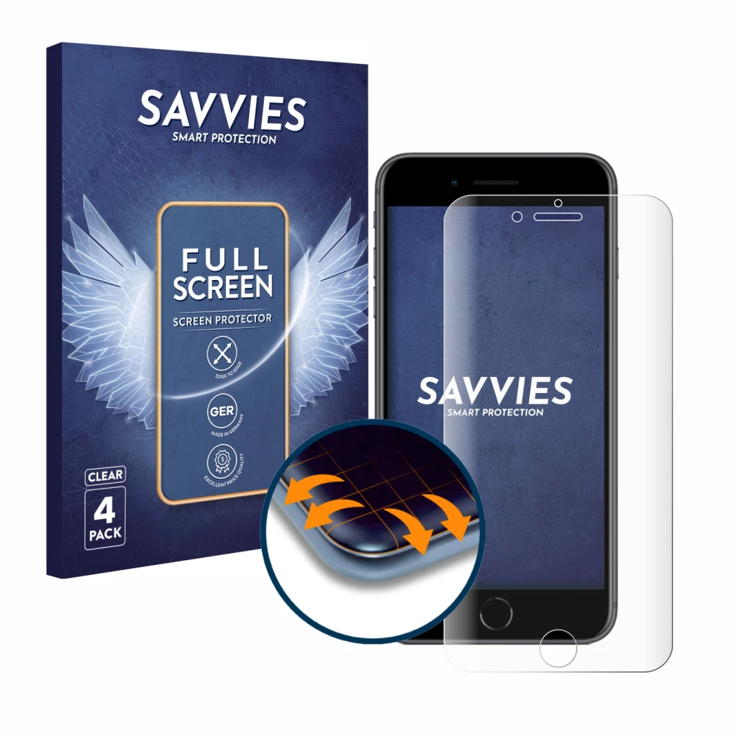 Front side of a product packaging with the brand logo Savvies. Next to it is the device Apple iPhone 8 Plus shown with the cor