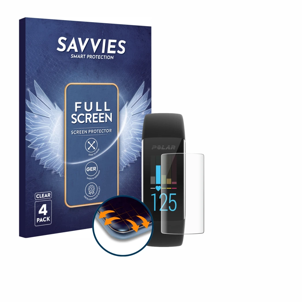 Front side of a product packaging with the brand logo Savvies. Next to it is the device Polar A370 shown with the correspondin