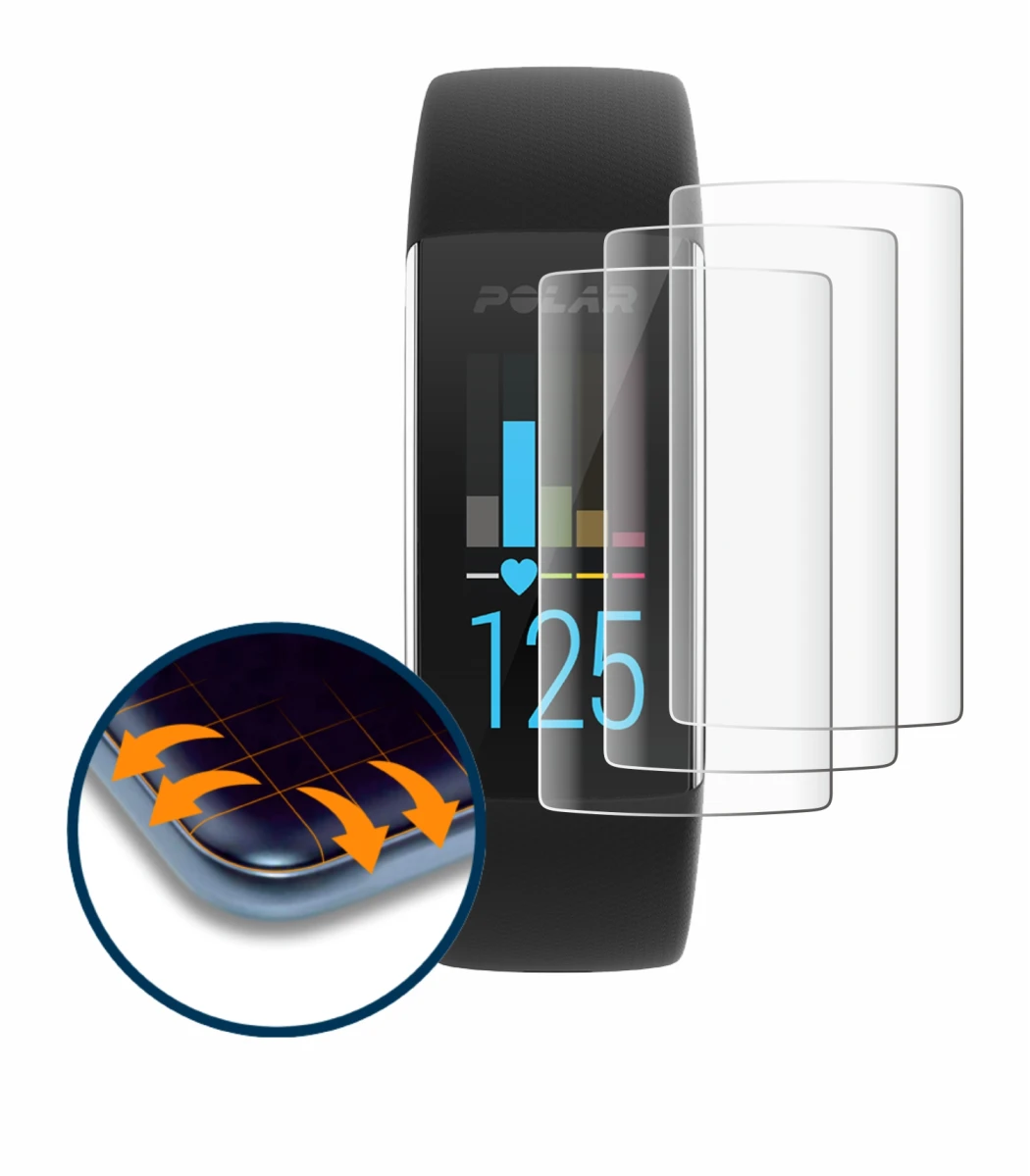 Image of the device Polar A370 with a wide variety of screen protectors.