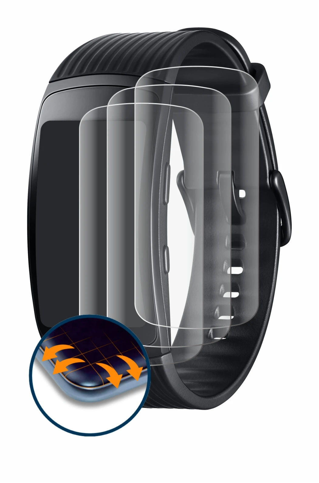 Image of the device Samsung Gear Fit 2 Pro with a wide variety of screen protectors.