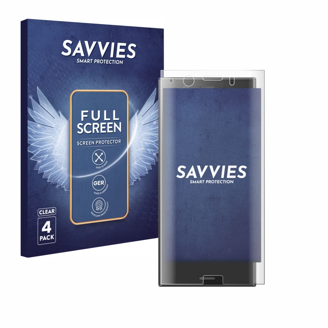 Front side of a product packaging with the brand logo Savvies. Next to it is the device Sony Xperia XZ1 Compact shown with the