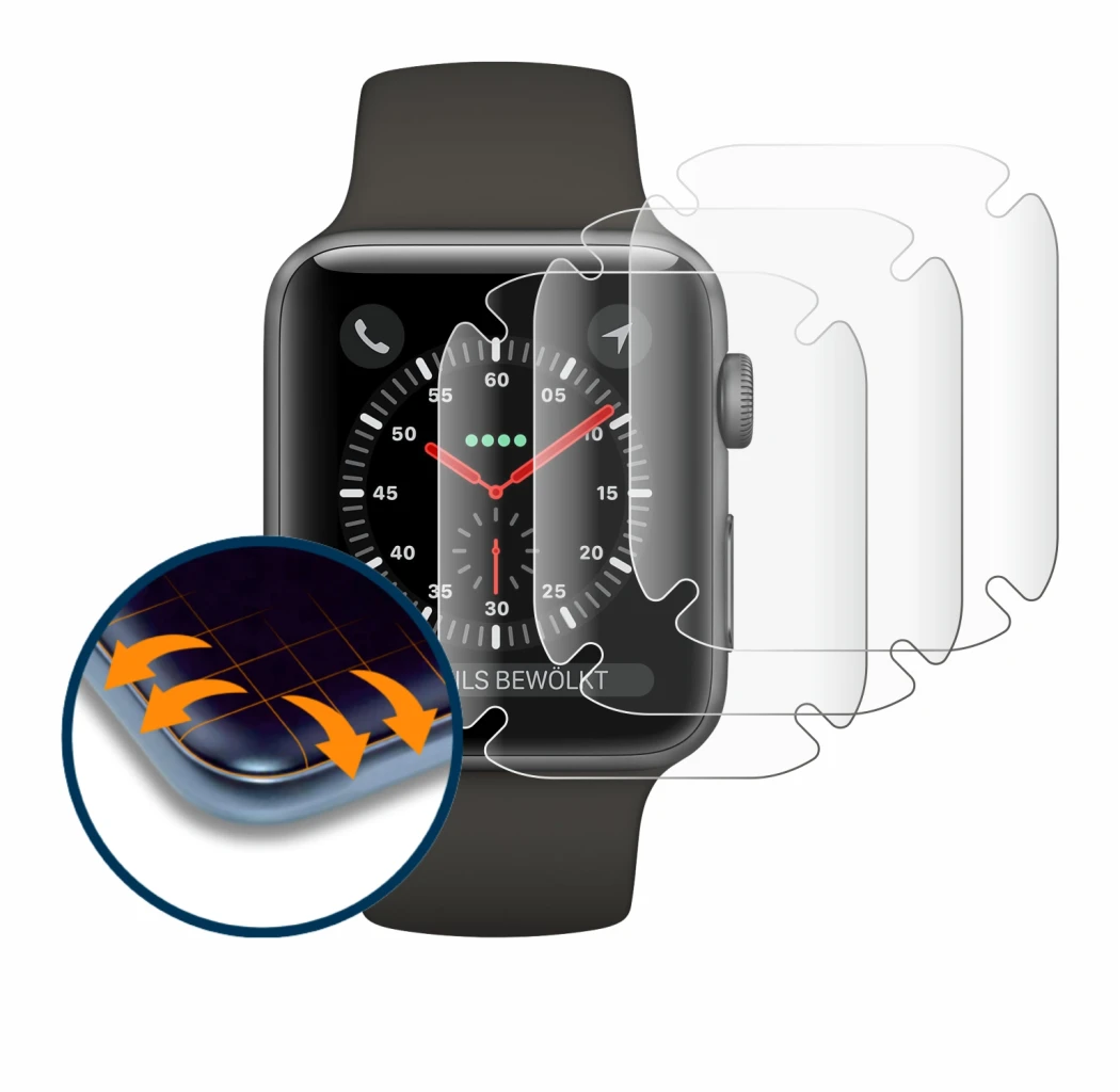Image of the device Apple Watch Series 3 (38 mm) with a wide variety of screen protectors.