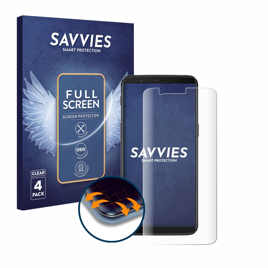 Front side of a product packaging with the brand logo Savvies. Next to it is the device OnePlus 5T shown with the correspondin