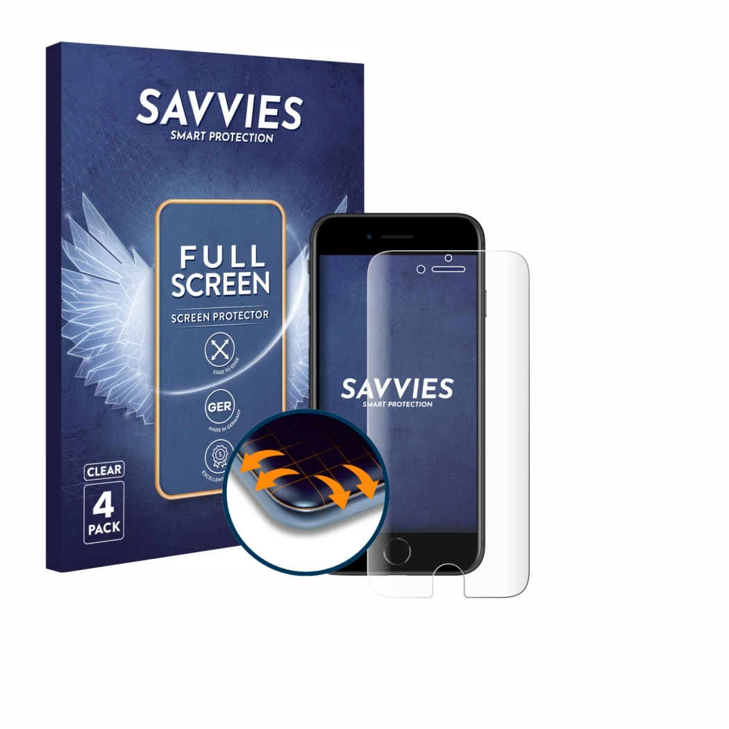 Front side of a product packaging with the brand logo Savvies. Next to it is the device Apple iPhone SE 2 2020 shown with the 