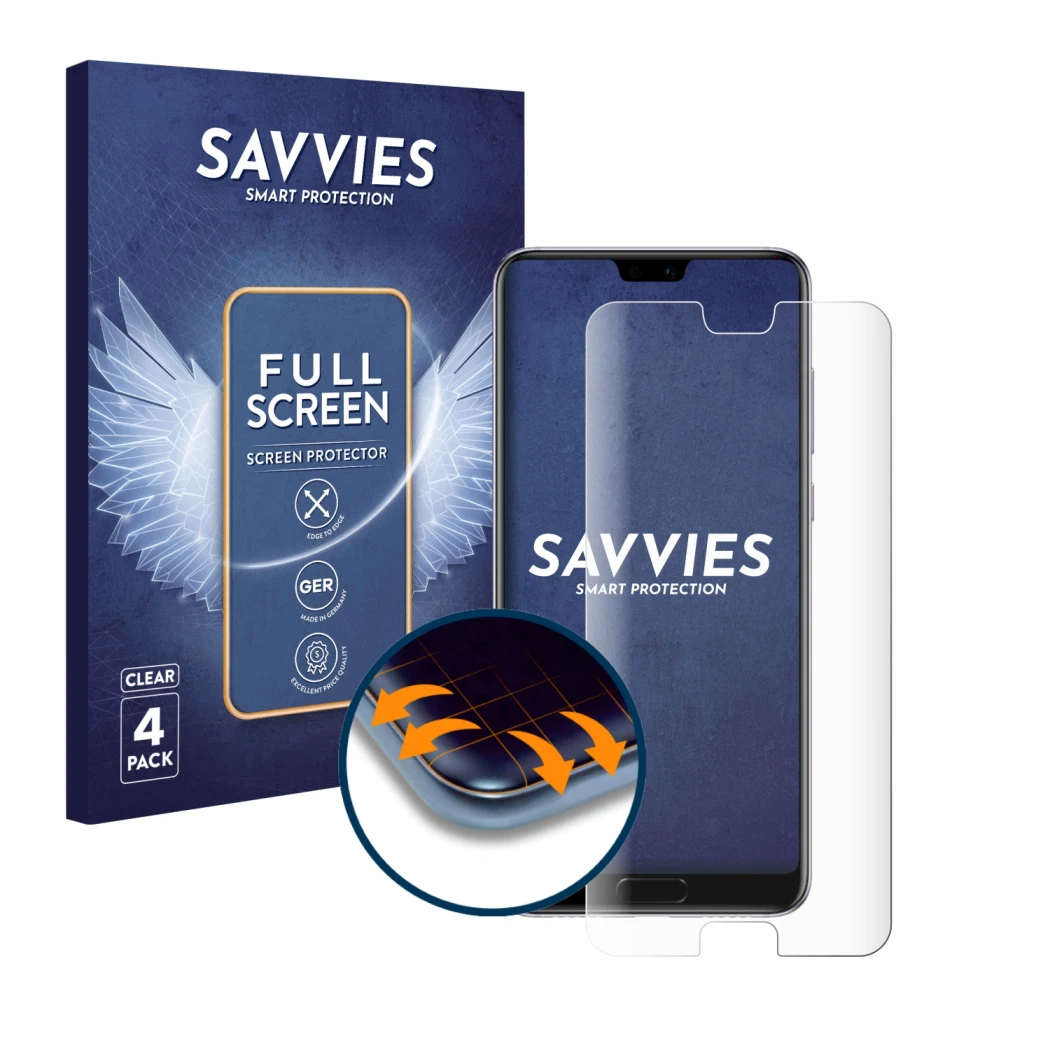 Front side of a product packaging with the brand logo Savvies. Next to it is the device Huawei P20 Pro shown with the correspo