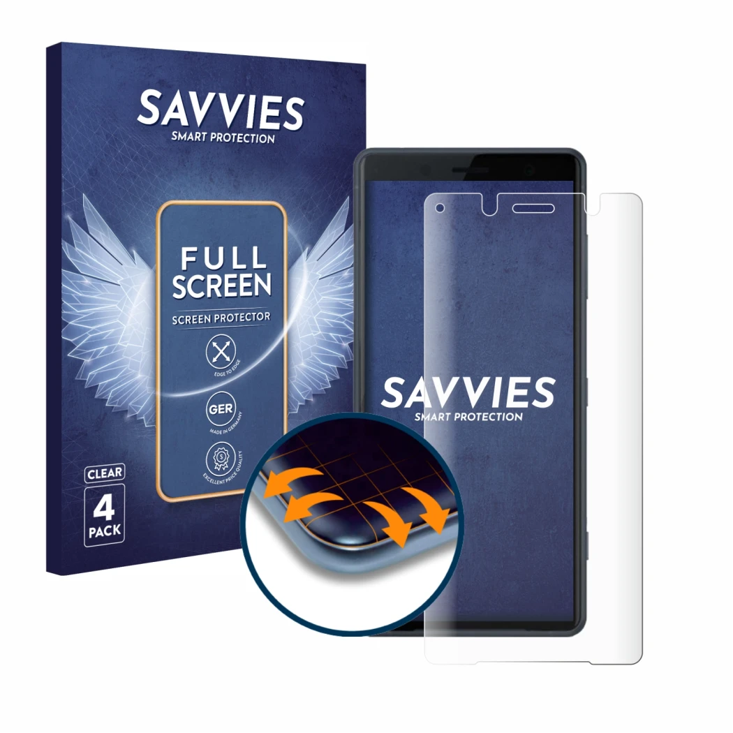 Front side of a product packaging with the brand logo Savvies. Next to it is the device Sony Xperia XZ2 Compact shown with the