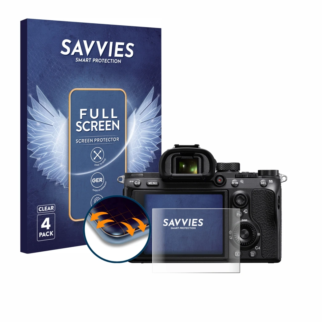 Front side of a product packaging with the brand logo Savvies. Next to it is the device Sony Alpha 7 III (ILCE-7M3) shown with
