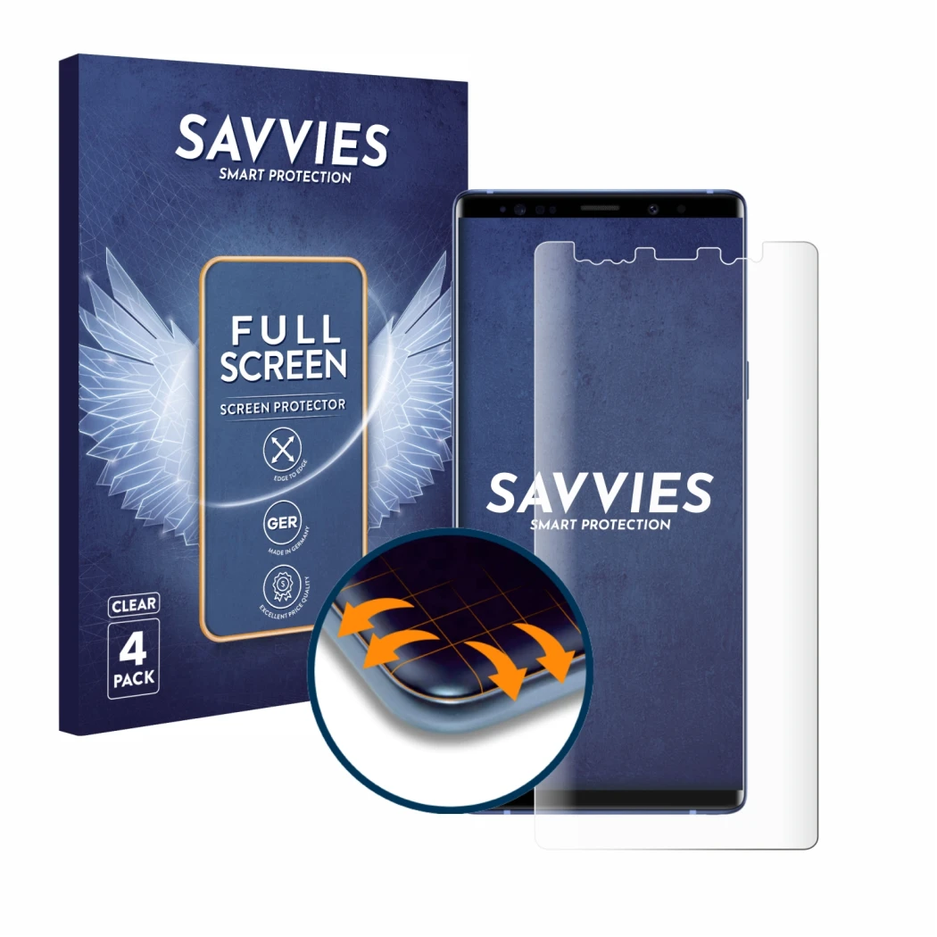 Front side of a product packaging with the brand logo Savvies. Next to it is the device Samsung Galaxy Note 9 shown with the c