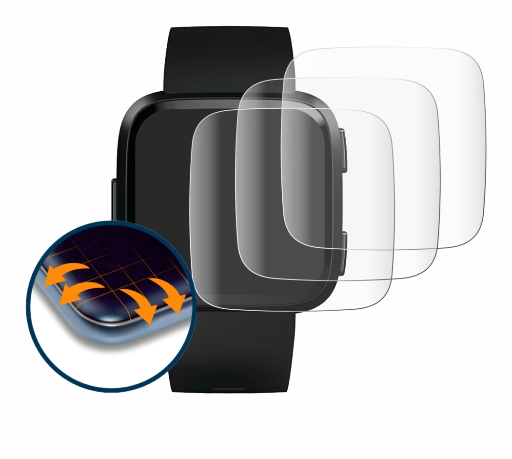 Image of the device Fitbit Versa with a wide variety of screen protectors.