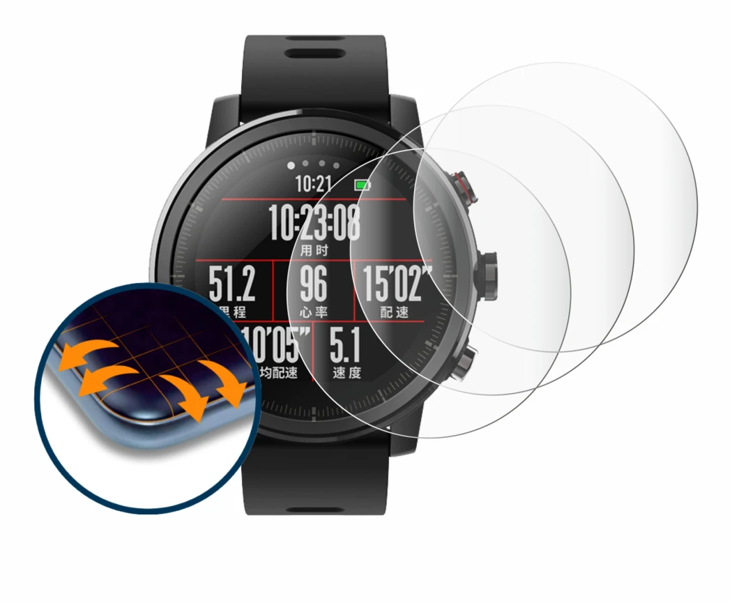 Image of the device Huami Amazfit Stratos 2 with a wide variety of screen protectors.