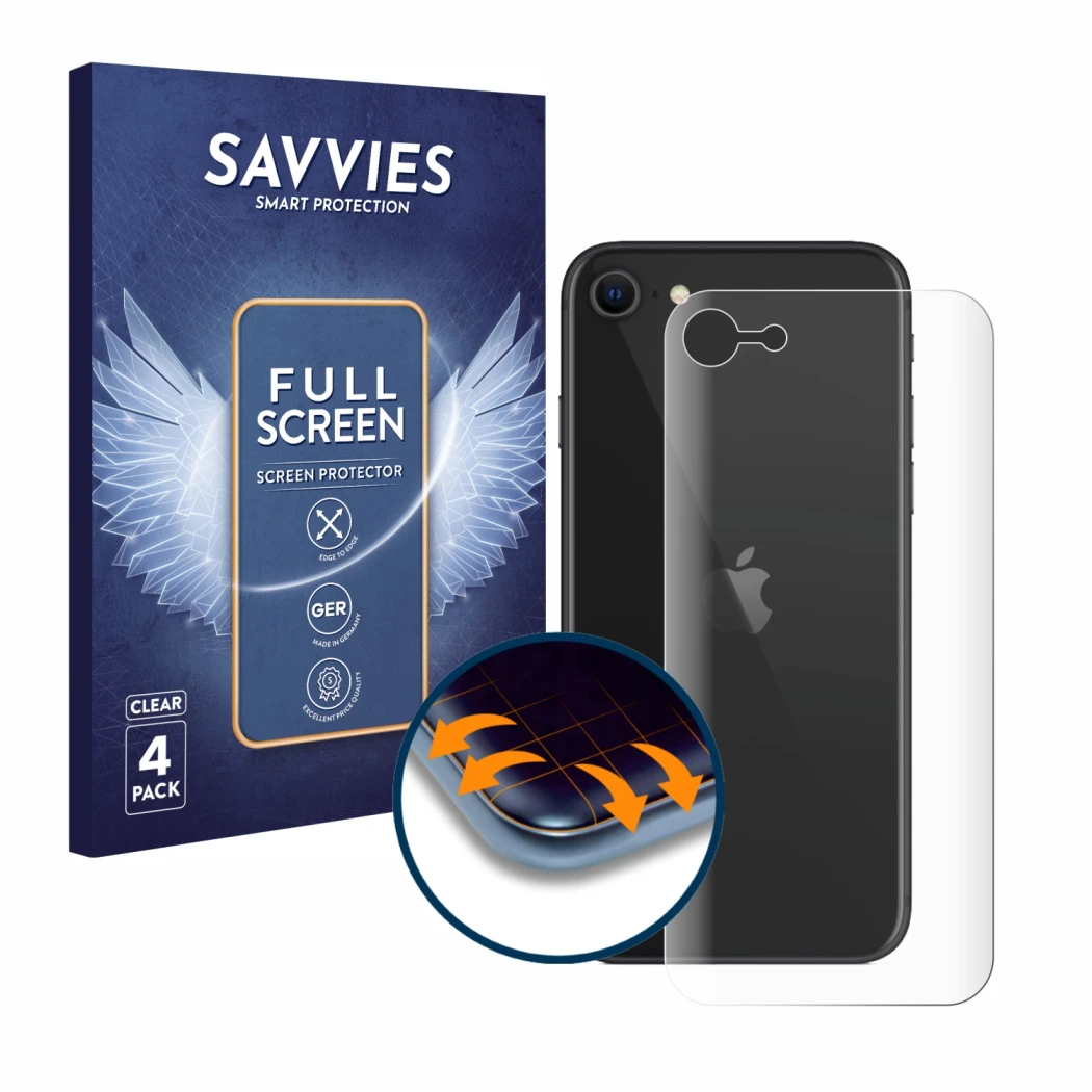 Front side of a product packaging with the brand logo Savvies. Next to it is the device Apple iPhone SE 2 2020 (Back) shown wi