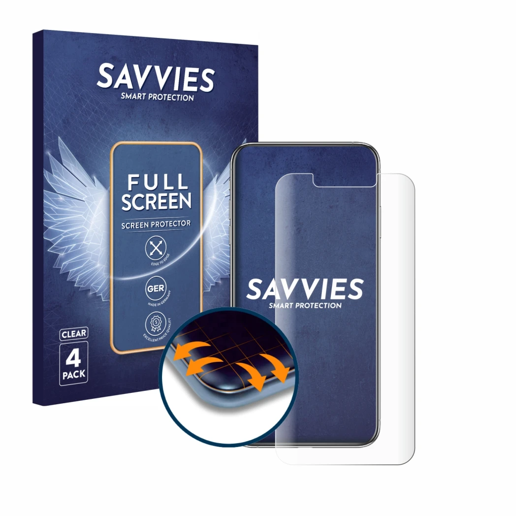 Front side of a product packaging with the brand logo Savvies. Next to it is the device Apple iPhone Xs Max shown with the cor