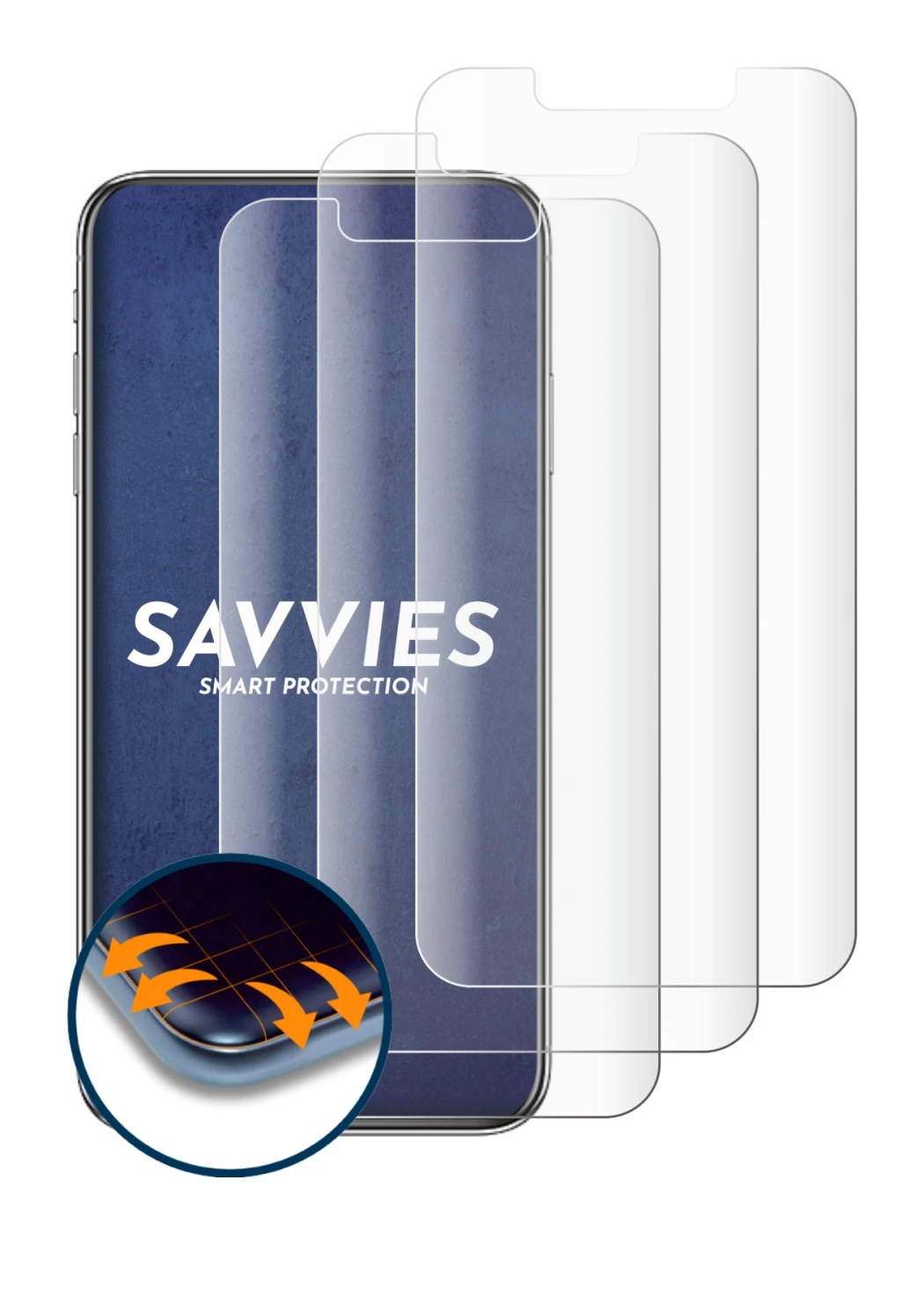 Image of the device Apple iPhone Xs Max with a wide variety of screen protectors.