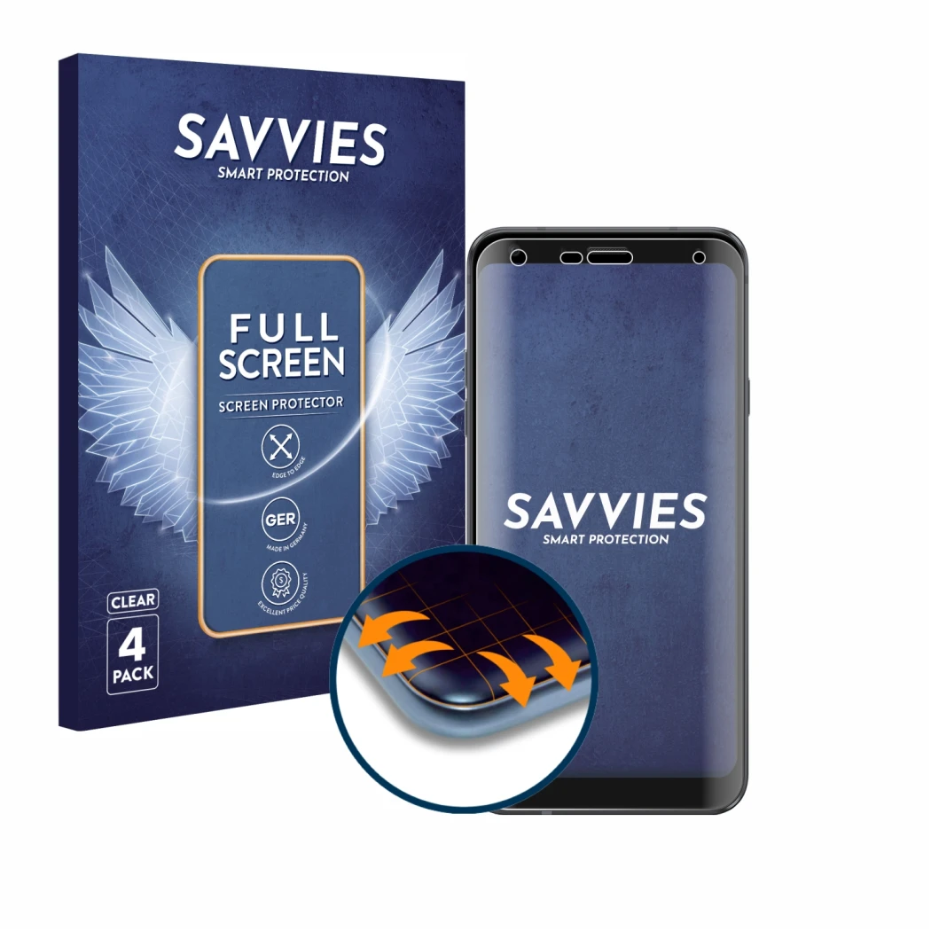 Front side of a product packaging with the brand logo Savvies. Next to it is the device LG Q7 shown with the corresponding scr